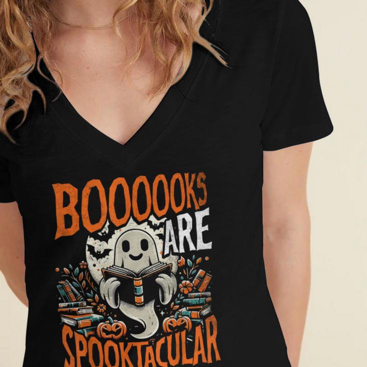 Library Halloween Book Lover Ghost With Books Women's Jersey Short Sleeve Deep V-Neck Tshirt Library Halloween Book Lover Ghost With Books Women's Jersey Short Sleeve Deep V-Neck Tshirt