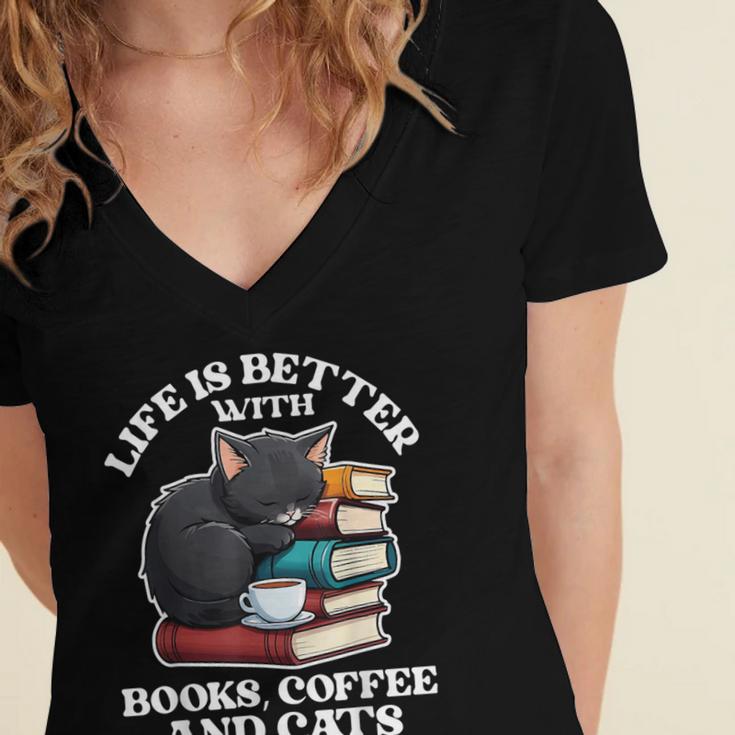 Life Is Better With Books Cats & Coffee Librarian Book Lover Women's Jersey Short Sleeve Deep V-Neck Tshirt