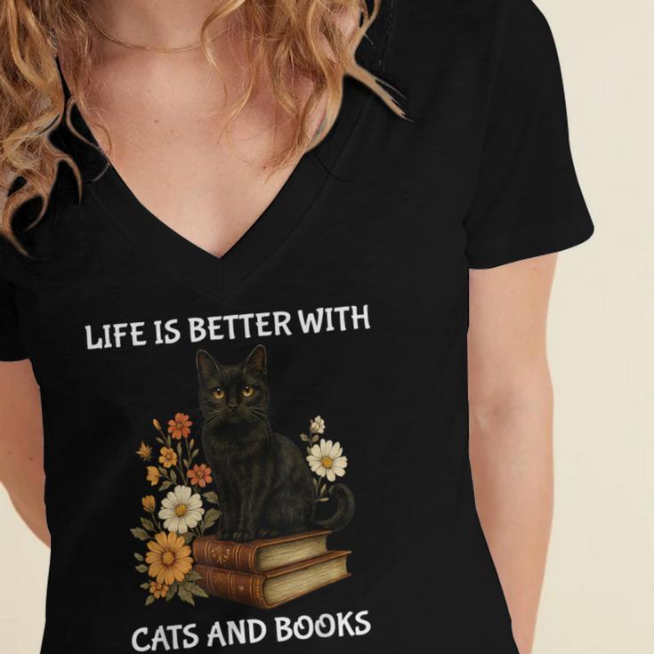 Life Is Better With Cats And Books Cute Cat Lover For Men Women Kids Women's Jersey Short Sleeve Deep V-Neck Tshirt