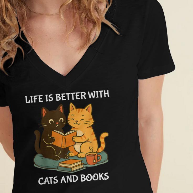 Life Is Better With Cats And Books Cute Cat Lover Women's Jersey Short Sleeve Deep V-Neck Tshirt Life Is Better With Cats And Books Cute Cat Lover Women's Jersey Short Sleeve Deep V-Neck Tshirt