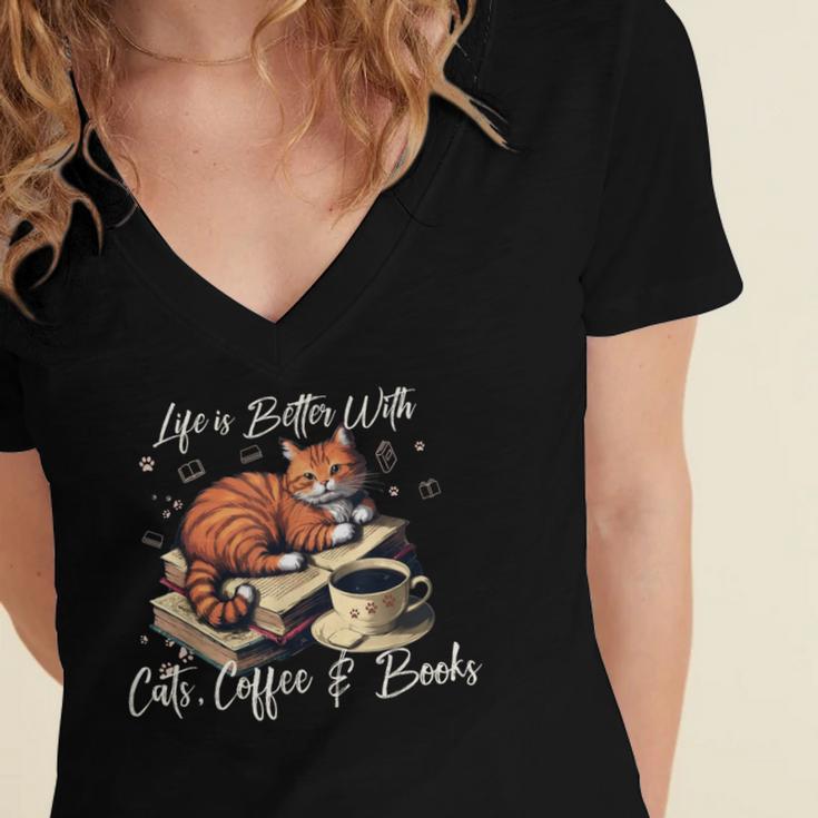 Life Is Better With Cats Coffee And Books Women's Jersey Short Sleeve Deep V-Neck Tshirt