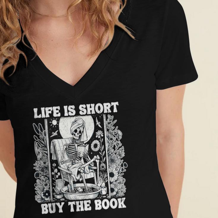 Life Is Short Buy The Book Introvert Skeleton Reading Women's Jersey Short Sleeve Deep V-Neck Tshirt