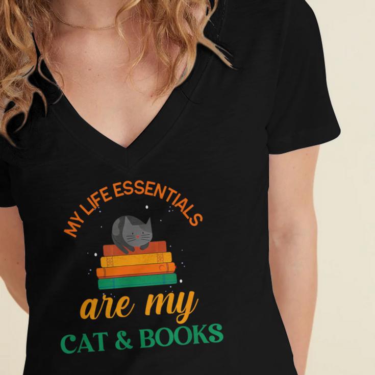 My Life Essentials Are Cat And Books Women's Jersey Short Sleeve Deep V-Neck Tshirt My Life Essentials Are Cat And Books Women's Jersey Short Sleeve Deep V-Neck Tshirt