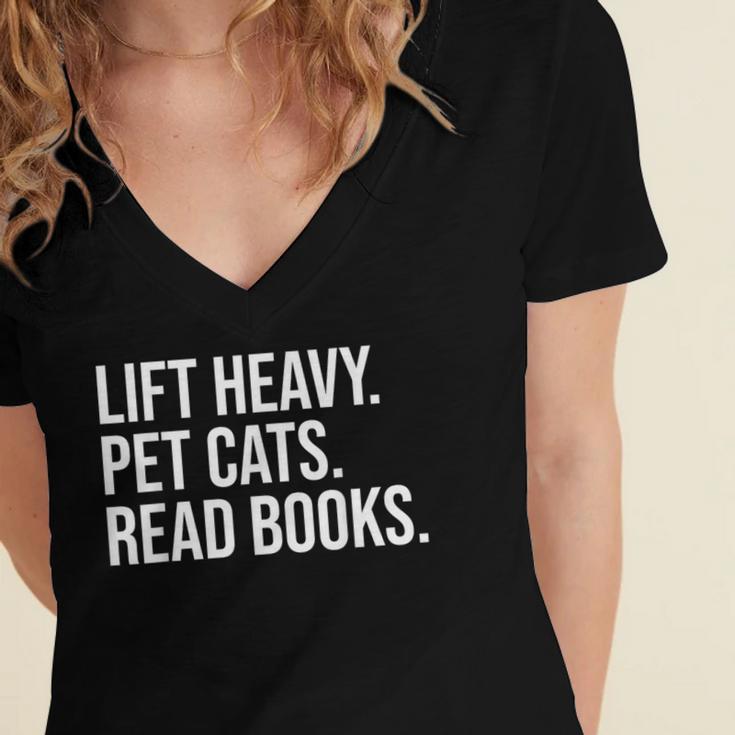 Lift Heavy Pet Cats Read Books Gym Workout Weight Lifter Women's Jersey Short Sleeve Deep V-Neck Tshirt