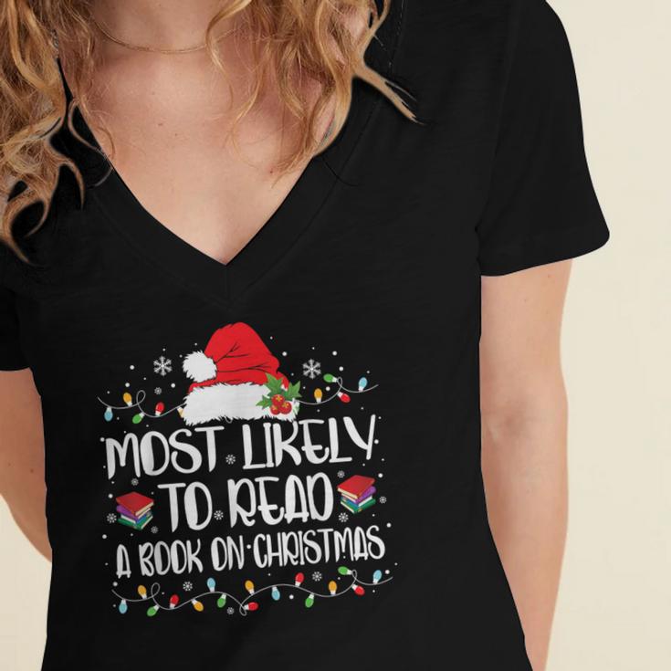 Most Likely To Read A Book On Christmas Family Matching Women's Jersey Short Sleeve Deep V-Neck Tshirt