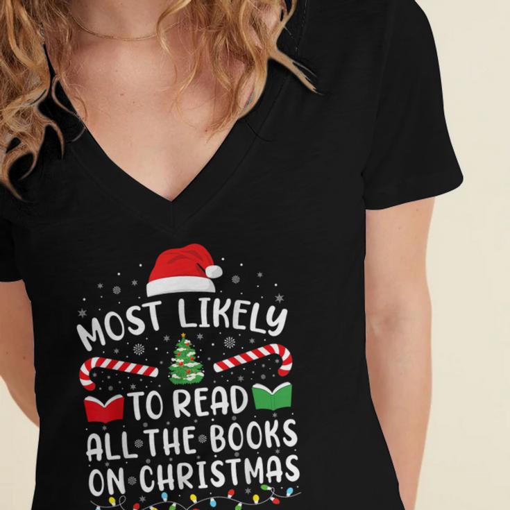 Most Likely To Read A Book On Christmas Family Matching Xmas Women's Jersey Short Sleeve Deep V-Neck Tshirt