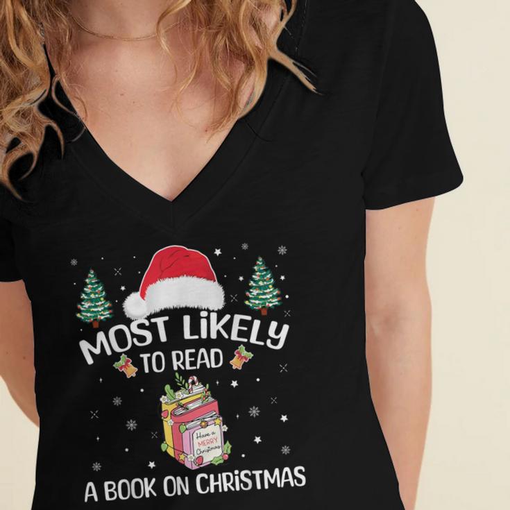 Most Likely To Read A Book On Christmas Love Reading Books Women's Jersey Short Sleeve Deep V-Neck Tshirt
