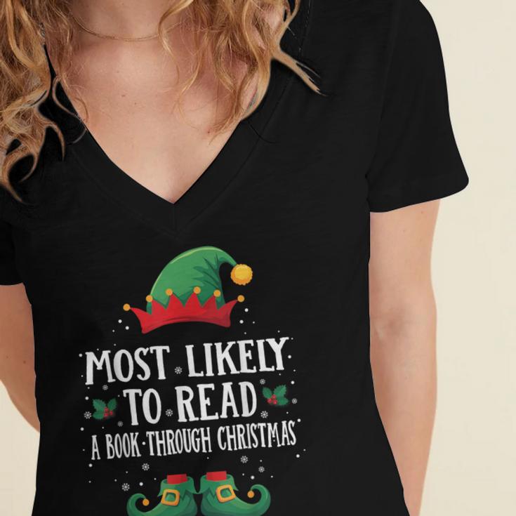 Most Likely To Read A Book Matching Christmas Elf Women's Jersey Short Sleeve Deep V-Neck Tshirt