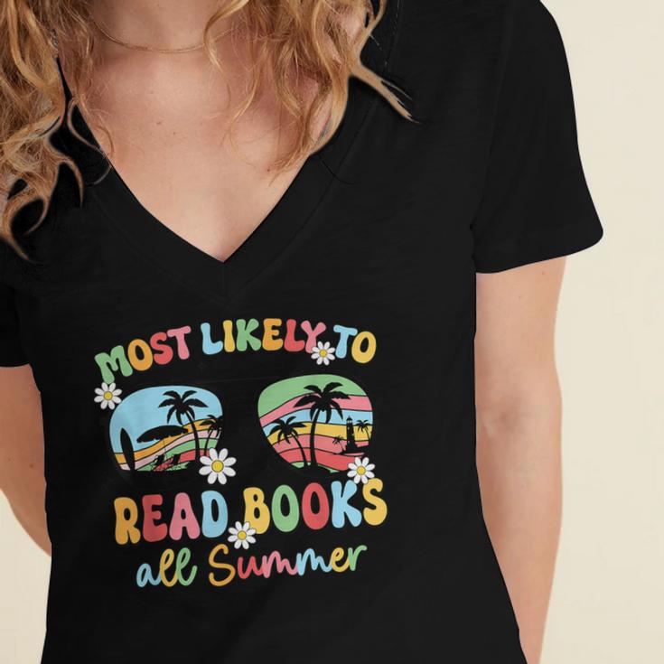 Most Likely To Read Books All Summer Book Lovers Women's Jersey Short Sleeve Deep V-Neck Tshirt Most Likely To Read Books All Summer Book Lovers Women's Jersey Short Sleeve Deep V-Neck Tshirt