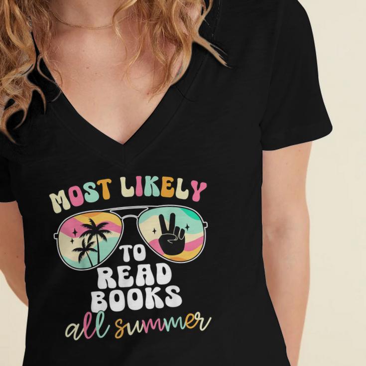 Most Likely To Read Books All Summer Teacher Student Women's Jersey Short Sleeve Deep V-Neck Tshirt Most Likely To Read Books All Summer Teacher Student Women's Jersey Short Sleeve Deep V-Neck Tshirt