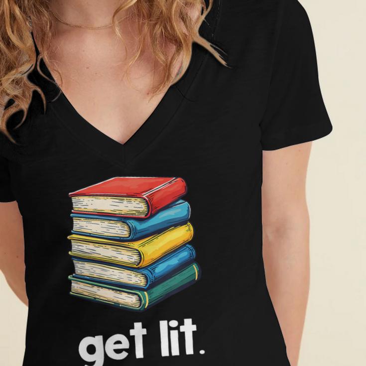 Get Lit With Books Women's Jersey Short Sleeve Deep V-Neck Tshirt