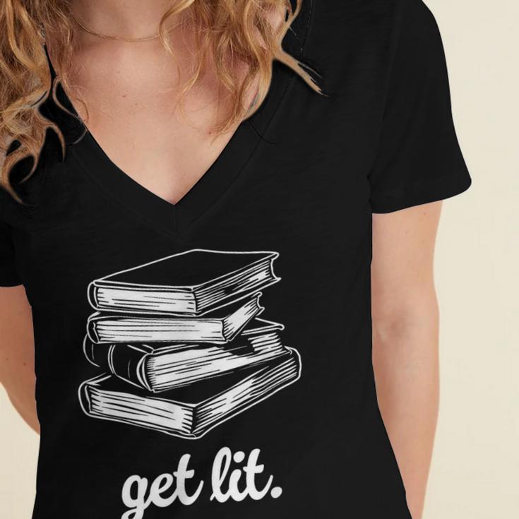 Get Lit Books Women's Jersey Short Sleeve Deep V-Neck Tshirt