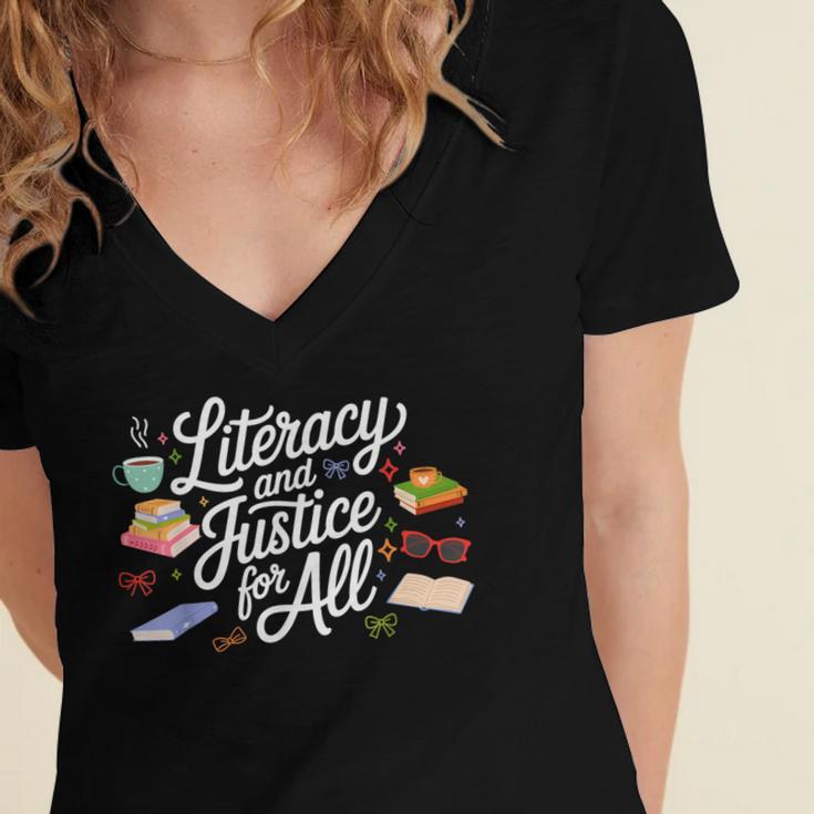 Literacy And Justice For All Protect Libraries Banned Books Women's Jersey Short Sleeve Deep V-Neck Tshirt