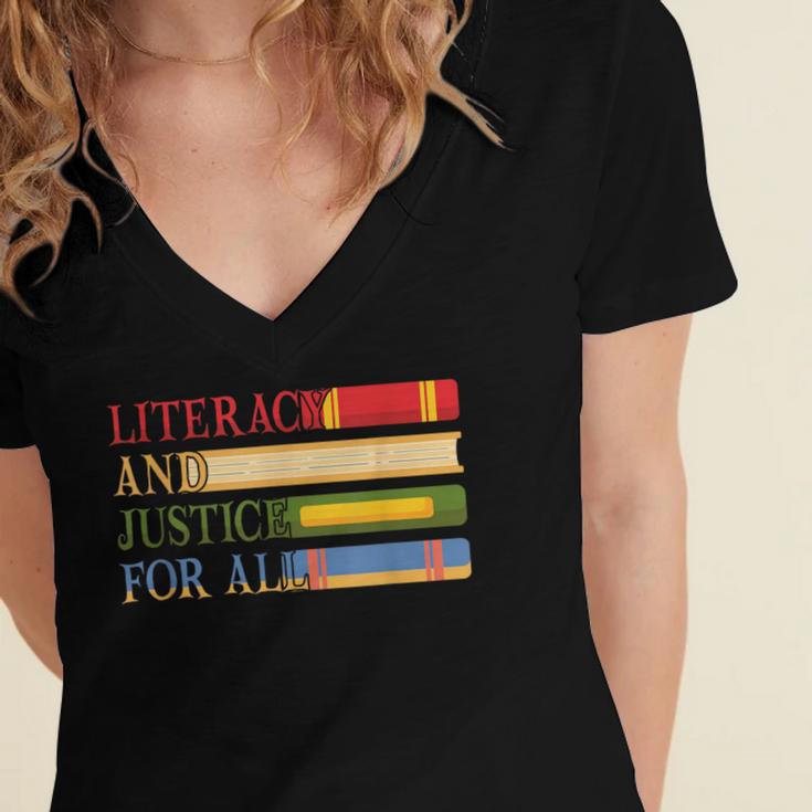Literacy And Justice For All Reading Book Club Librarian Women's Jersey Short Sleeve Deep V-Neck Tshirt