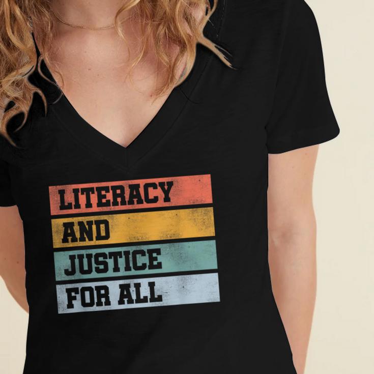 Literacy And Justice For All Stop Book Banning Banned Books Women's Jersey Short Sleeve Deep V-Neck Tshirt