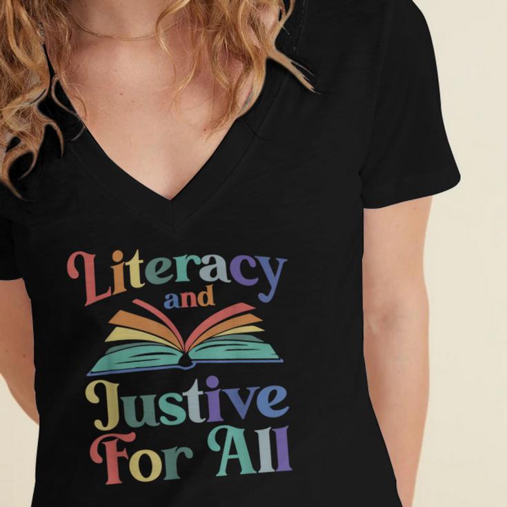 Literacy Justice For All Stop Book Banning Protect Librarian Women's Jersey Short Sleeve Deep V-Neck Tshirt