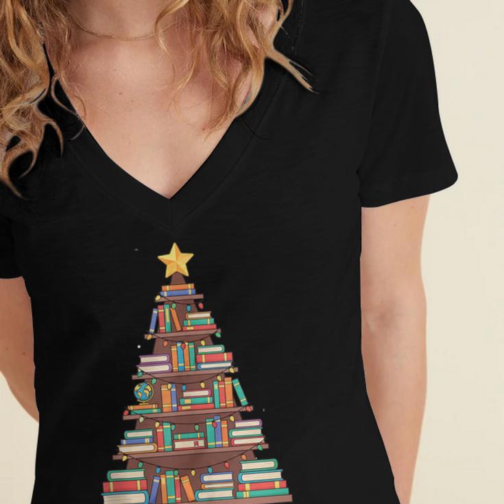 Literary Book Tree Bookish Shelf Art For Avid Readers Women's Jersey Short Sleeve Deep V-Neck Tshirt