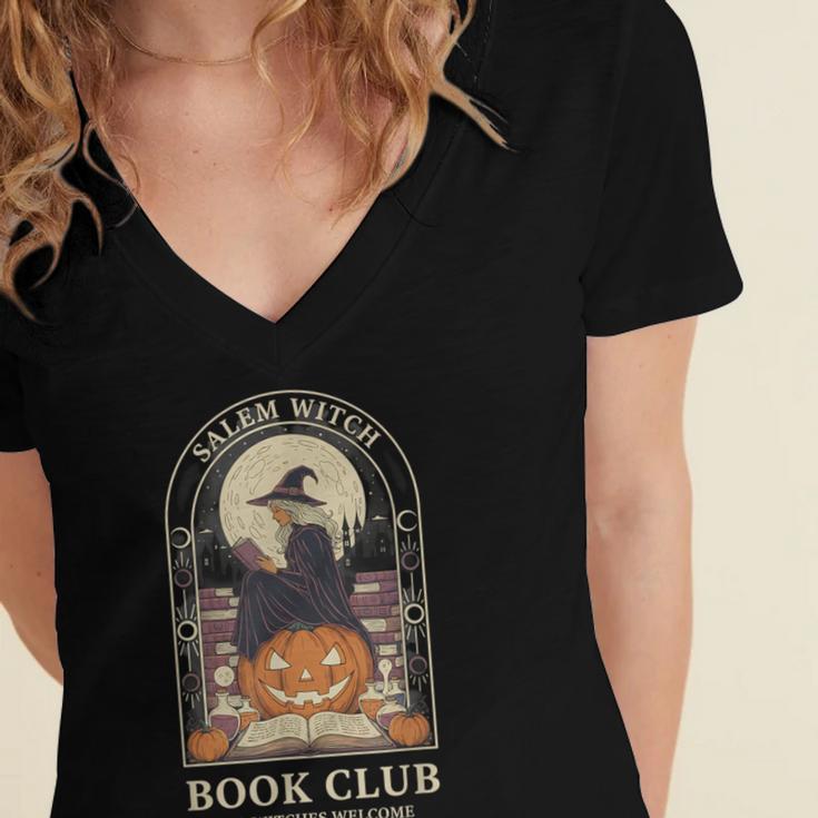 Literary Salem Witch Book Club All Witches Welcome Women's Jersey Short Sleeve Deep V-Neck Tshirt