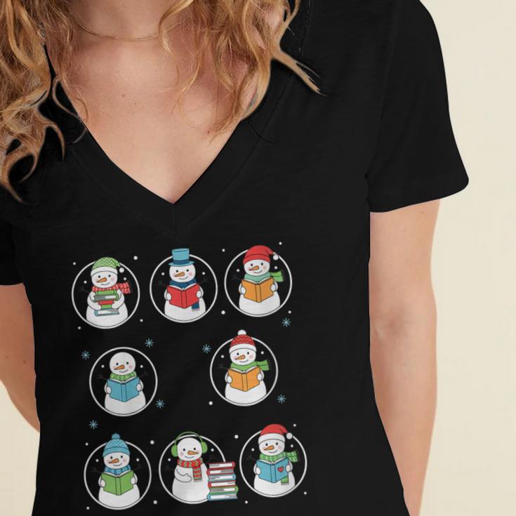 Literary Winter Reading Snowmen Cozy Book Lover Pattern Women's Jersey Short Sleeve Deep V-Neck Tshirt