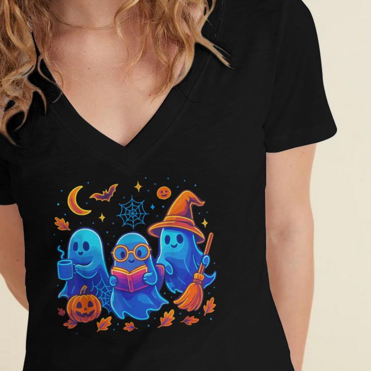 Little Ghost Coffee Tee Spooky Season Ghost Reading Book Women's Jersey Short Sleeve Deep V-Neck Tshirt