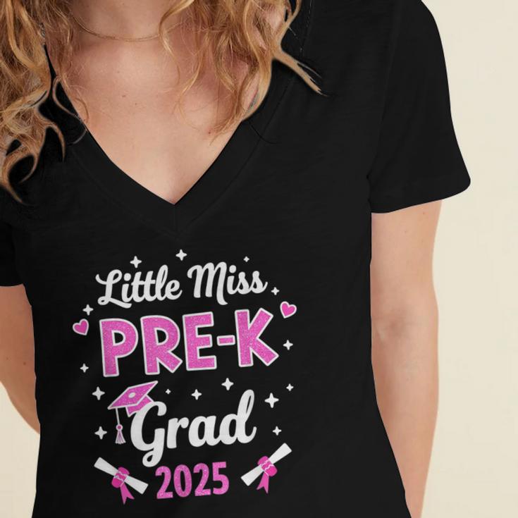 Little Miss Pre-K Grad 2025 Coquette Preschool Graduation Women's Jersey Short Sleeve Deep V-Neck Tshirt