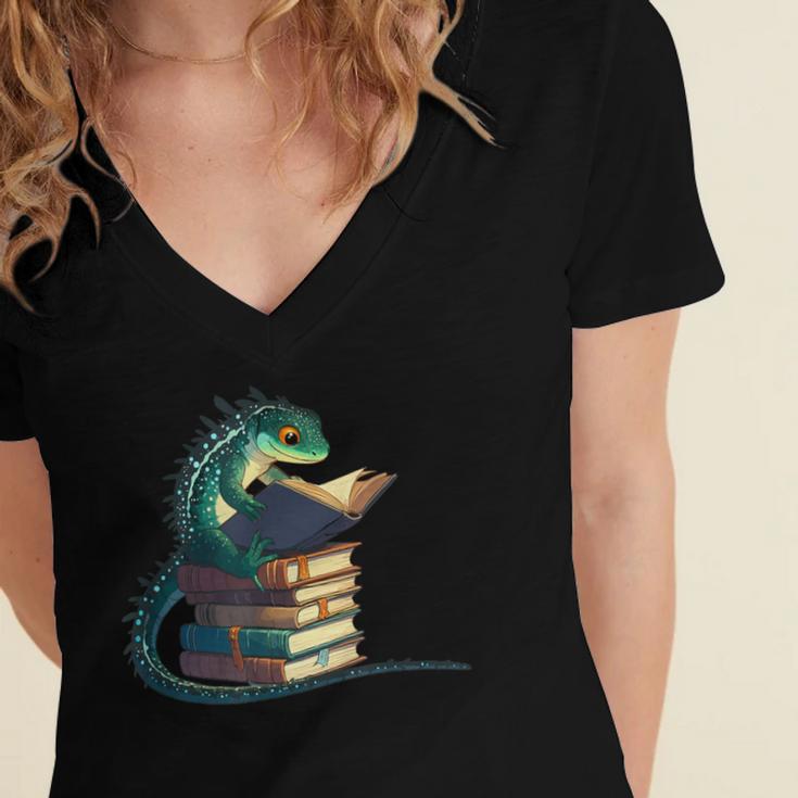 Lizard Reading Book Librarian Bookworm Reader Read Women's Jersey Short Sleeve Deep V-Neck Tshirt