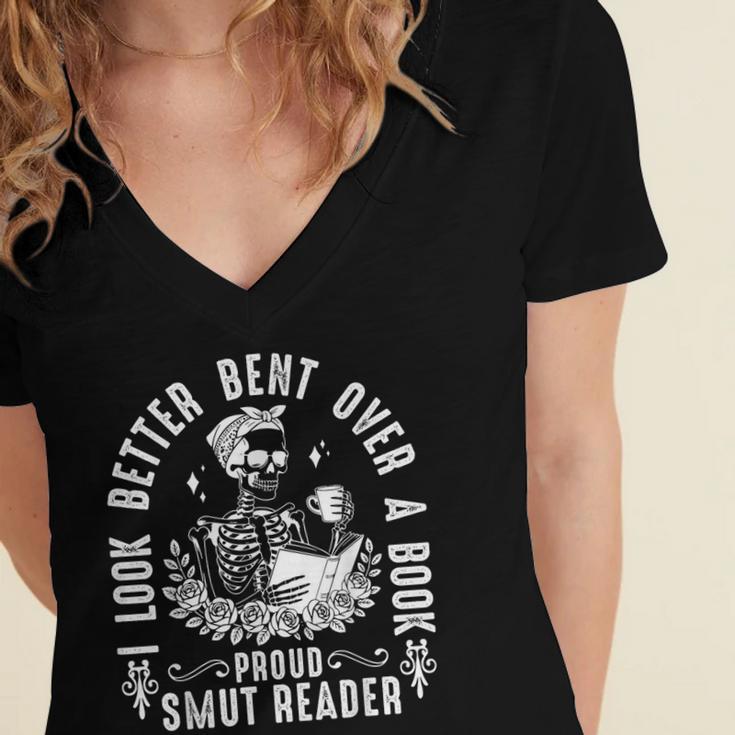 I Look Better Bent Over a Book Proud Smut Reader Skeleton Women's Jersey Short Sleeve Deep V-Neck Tshirt