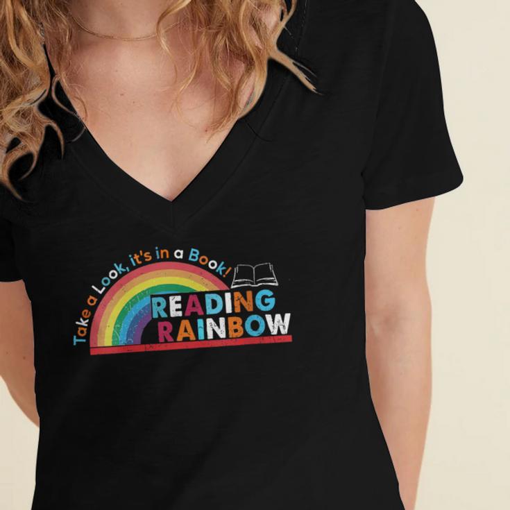 Take A Look A Book Vintage Reading Librarian Rainbow Women's Jersey Short Sleeve Deep V-Neck Tshirt