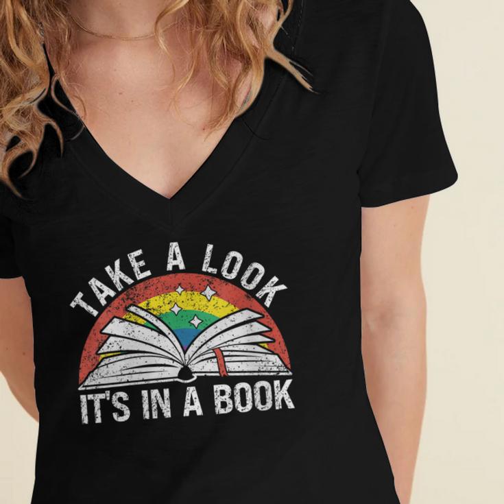 Take a Look It's In a Book Reading Vintage Retro Rainbow Women's Jersey Short Sleeve Deep V-Neck Tshirt