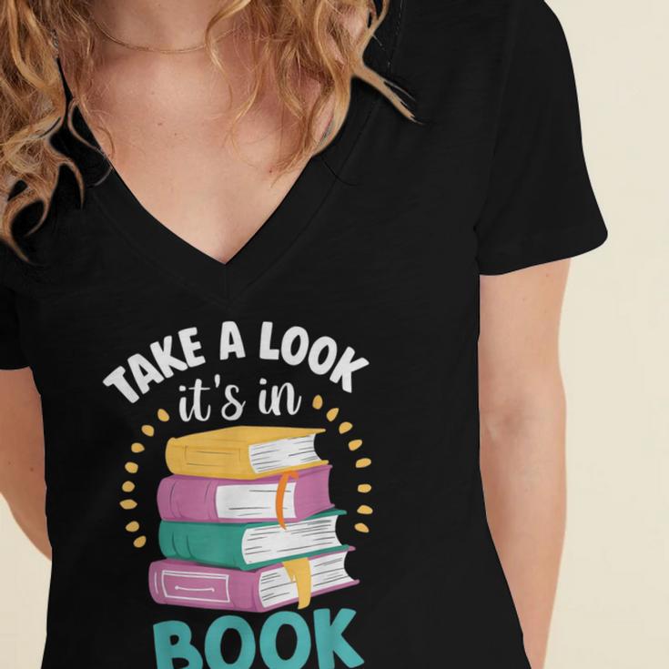 Take a Look It's In a Book Teacher Reading Apparel Women's Jersey Short Sleeve Deep V-Neck Tshirt Take a Look It's In a Book Teacher Reading Apparel Women's Jersey Short Sleeve Deep V-Neck Tshirt