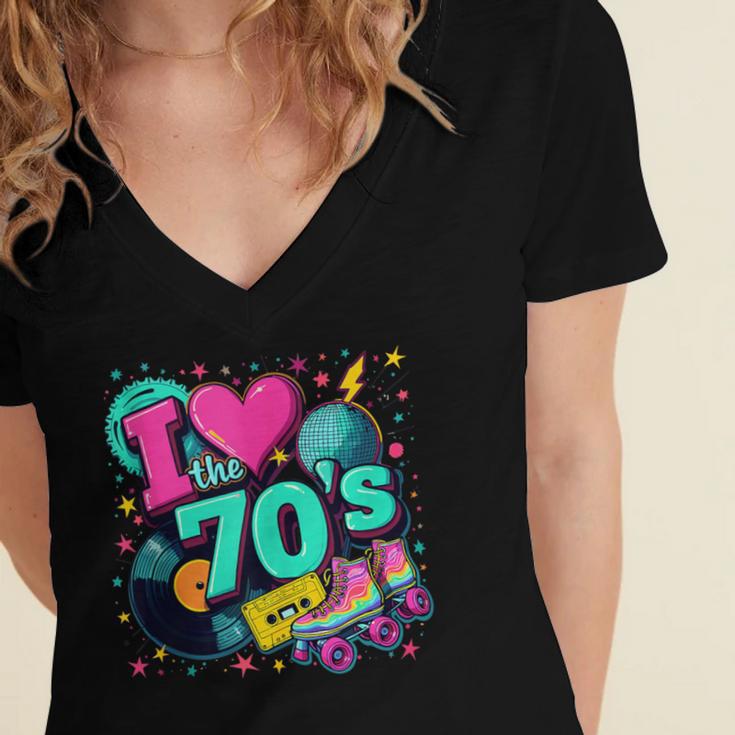 I Love The 70s Retro Cassette Roller Vinyl Disco Nostalgia Women's Jersey Short Sleeve Deep V-Neck Tshirt