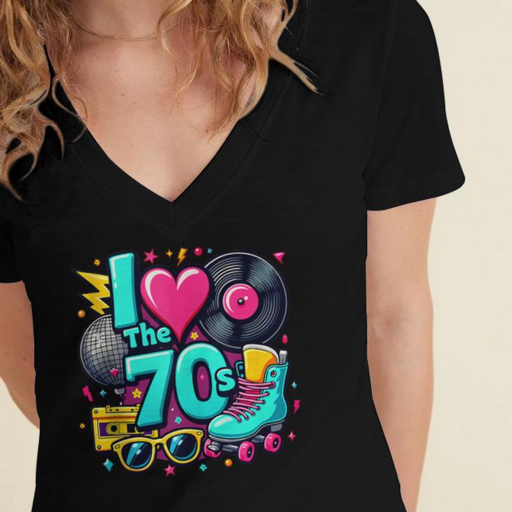 I Love The 70s Vintage Cassette Roller Vinyl Nostalgia 70s Women's Jersey Short Sleeve Deep V-Neck Tshirt