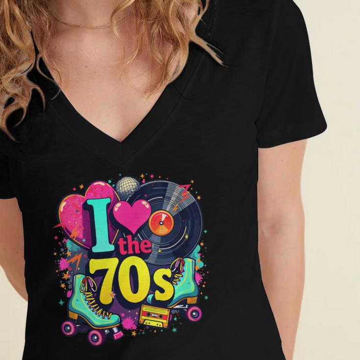I Love The 70s Vintage Cassette Roller Vinyl Nostalgia 70s Women's Jersey Short Sleeve Deep V-Neck Tshirt