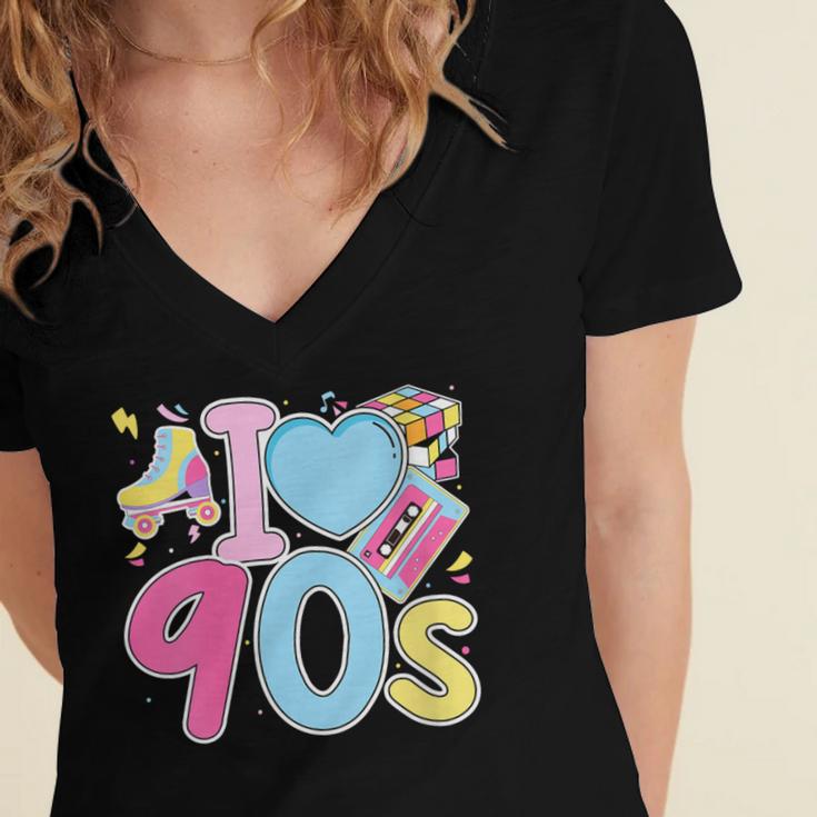 I Love 90's Retro Style Nostalgia Vibe 1990's Party Women's Jersey Short Sleeve Deep V-Neck Tshirt