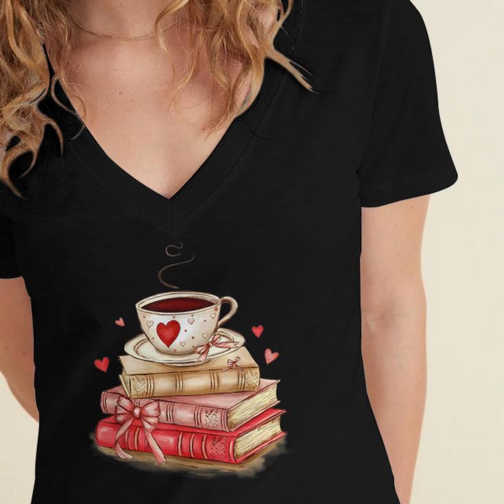 Love Book Coffee Heart Coquette Bow Valentines Day Women's Jersey Short Sleeve Deep V-Neck Tshirt