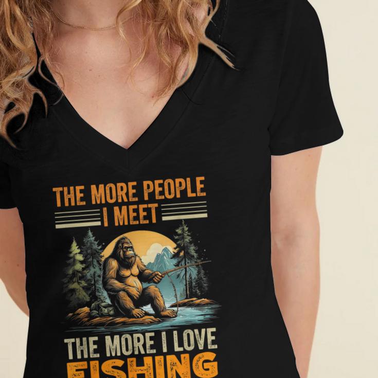 I Love Fishing Bigfoot Fisherman Introvert Sarcastic Women's Jersey Short Sleeve Deep V-Neck Tshirt
