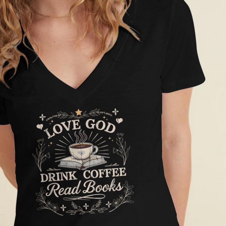 Love God Drink Coffee Read Books Coffee & Jesus Women's Jersey Short Sleeve Deep V-Neck Tshirt