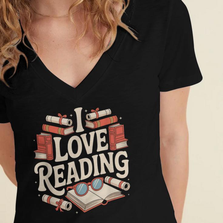 I Love Reading Books Literature Enthusiast Fun Women's Jersey Short Sleeve Deep V-Neck Tshirt