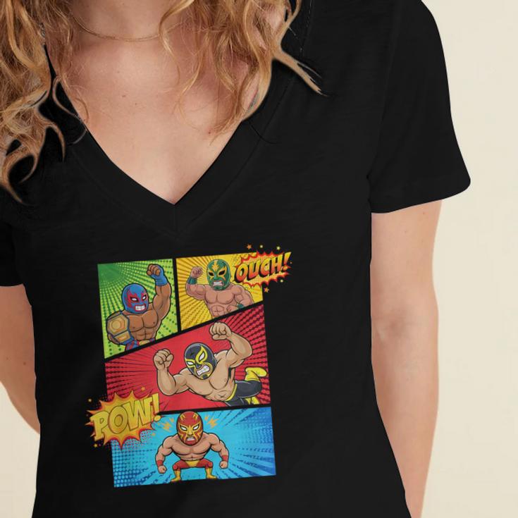 Lucha Libre Comic Book Mexican Wrestling Cartoon Wrestler Women's Jersey Short Sleeve Deep V-Neck Tshirt Lucha Libre Comic Book Mexican Wrestling Cartoon Wrestler Women's Jersey Short Sleeve Deep V-Neck Tshirt