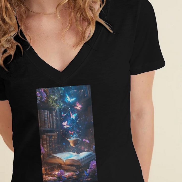 Magic Books Butterflies Fantasy Nature Tea Enchanting Women's Jersey Short Sleeve Deep V-Neck Tshirt Magic Books Butterflies Fantasy Nature Tea Enchanting Women's Jersey Short Sleeve Deep V-Neck Tshirt