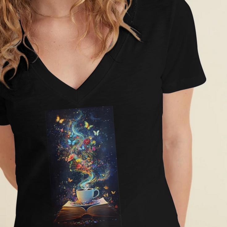 Magical Book Floral Coffee Books Nature Fantasy Women's Jersey Short Sleeve Deep V-Neck Tshirt Magical Book Floral Coffee Books Nature Fantasy Women's Jersey Short Sleeve Deep V-Neck Tshirt