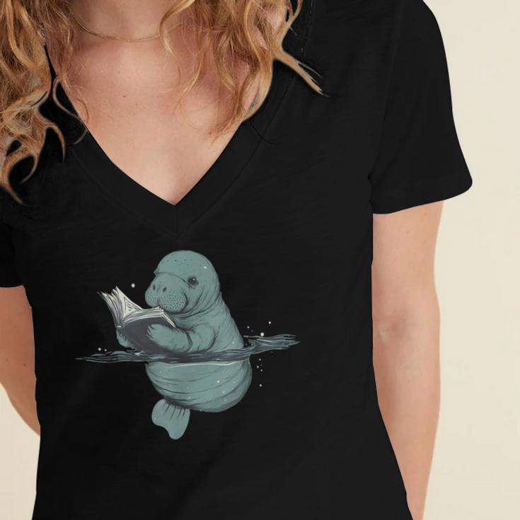 Manatee Reading Book Bookworm Manatees Ocean Animal Lover Women's Jersey Short Sleeve Deep V-Neck Tshirt Manatee Reading Book Bookworm Manatees Ocean Animal Lover Women's Jersey Short Sleeve Deep V-Neck Tshirt