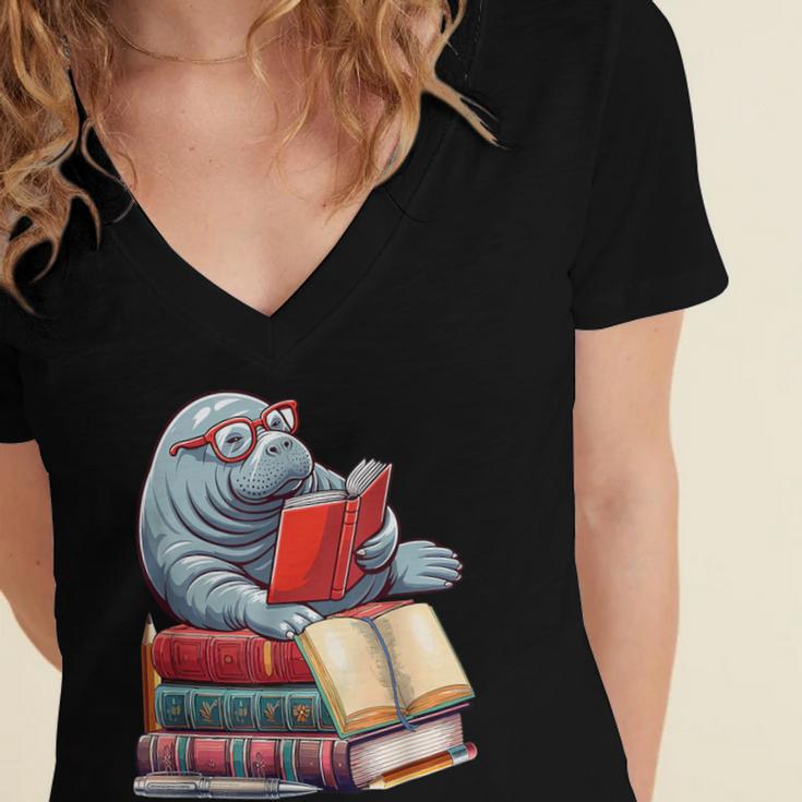 Manatee Reading Books Matching Bookworm Readers Librarian Women's Jersey Short Sleeve Deep V-Neck Tshirt Manatee Reading Books Matching Bookworm Readers Librarian Women's Jersey Short Sleeve Deep V-Neck Tshirt