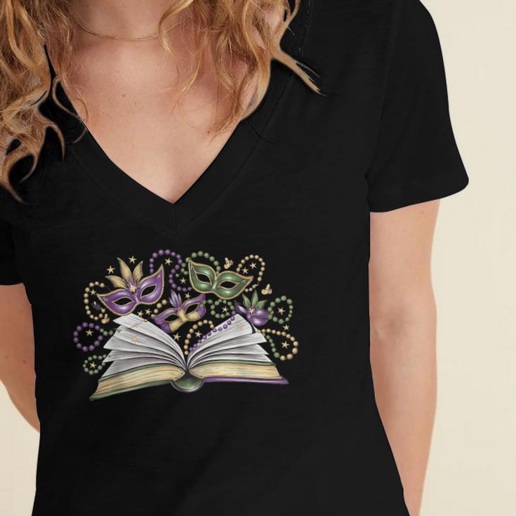 Mardi Gras Book Librarian Author Purple Beads Women's Jersey Short Sleeve Deep V-Neck Tshirt