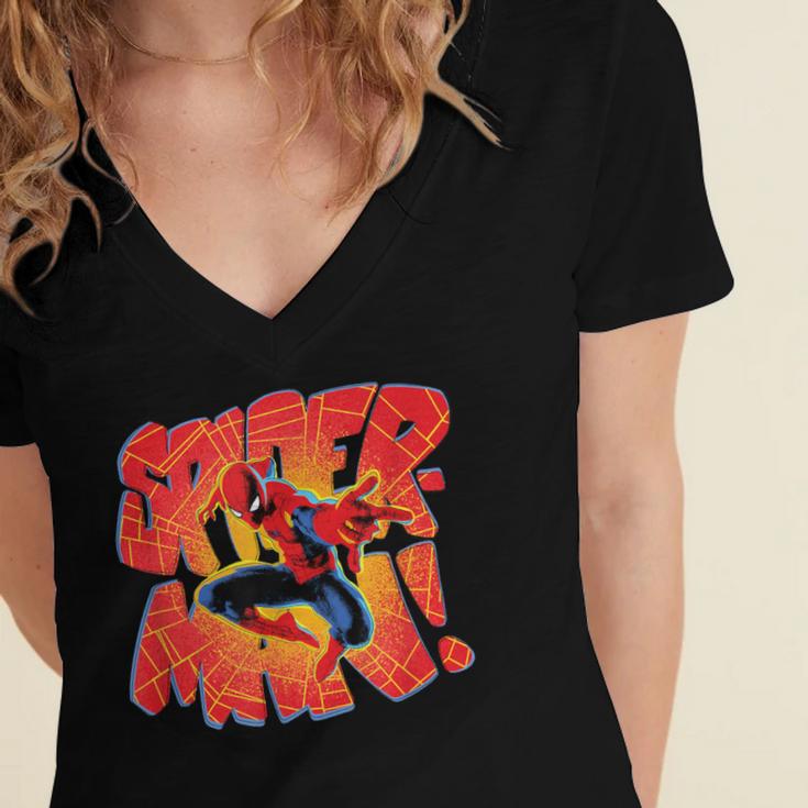 Marvel Spider-Man Peter Parker Comic Book Letter Logo Women's Jersey Short Sleeve Deep V-Neck Tshirt