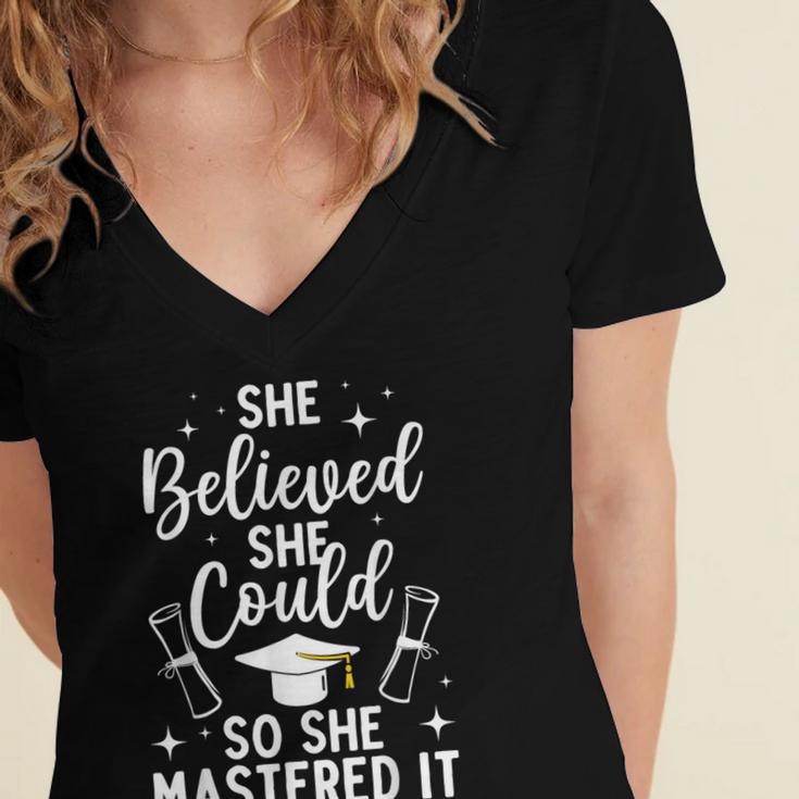 Masters Degree Graduation Art For Women Girl Masters Degree Women's Jersey Short Sleeve Deep V-Neck Tshirt