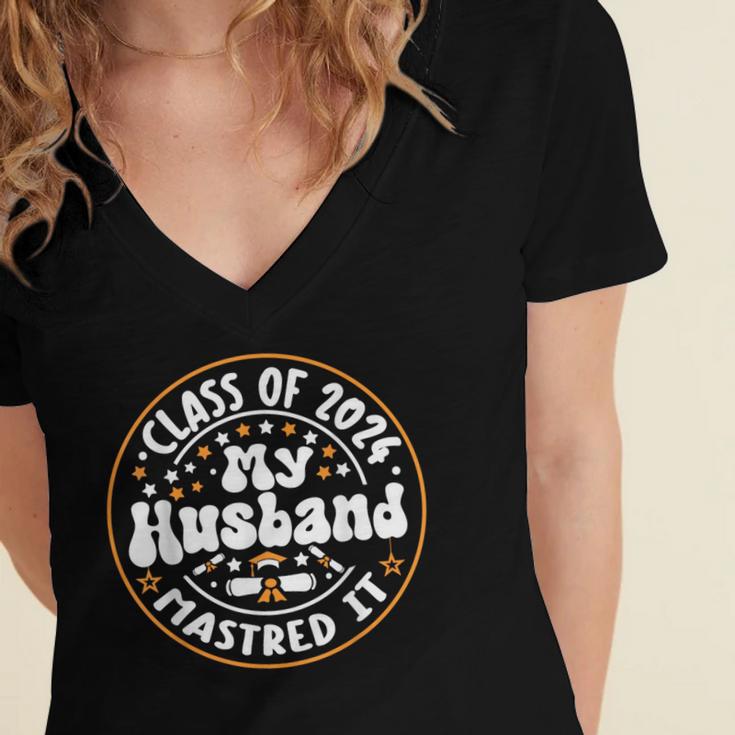 Master's Degree Graduation My Husband Mastered It 2024 Women's Jersey Short Sleeve Deep V-Neck Tshirt