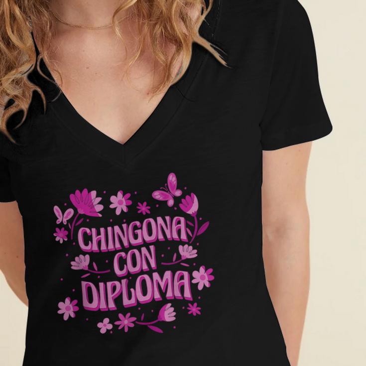 Masters Graduation Educated Latina Chingona Con Diploma Women's Jersey Short Sleeve Deep V-Neck Tshirt