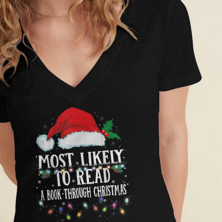 Matching Christmas PJS Most Likely To Read A Book Women's Jersey Short Sleeve Deep V-Neck Tshirt