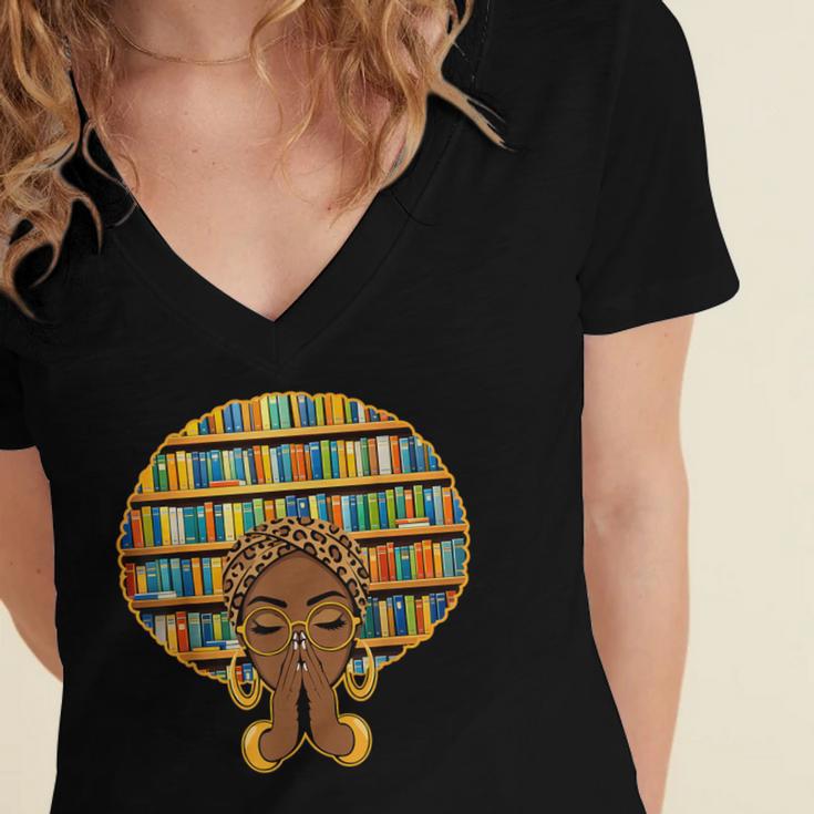 Melanin Afro Women Girl Book Librarian History African Women's Jersey Short Sleeve Deep V-Neck Tshirt